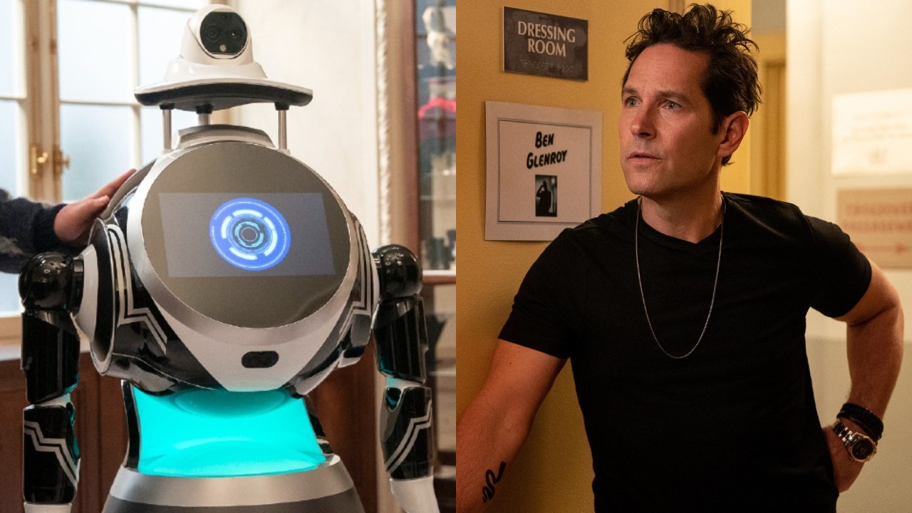 From left to right: Lester the robot and Paul Rudd as Ben Glenroy in Only Murders in the Building. 