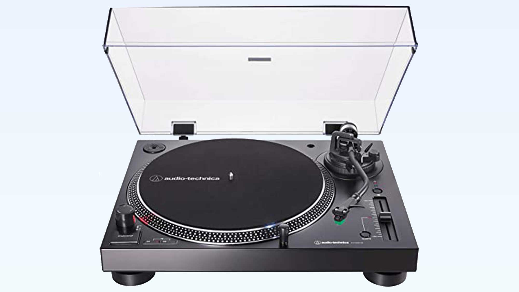 Audio-Technica AT-LP120XUSB turntable on a light blue background for best gifts for music lovers feature