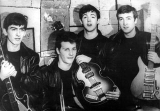 The Beatles original members: George Harrison, Pete Best, Paul McCartney, John Lennon