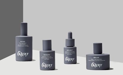 grey bottles of Colekt skincare against a grey background 