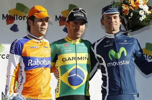 Oscar Freire (Rabobank), Murilo Fischer (Garmin-Cervelo) and Jose Joaquin Rojas (Movistar) on the podium in Mallorca