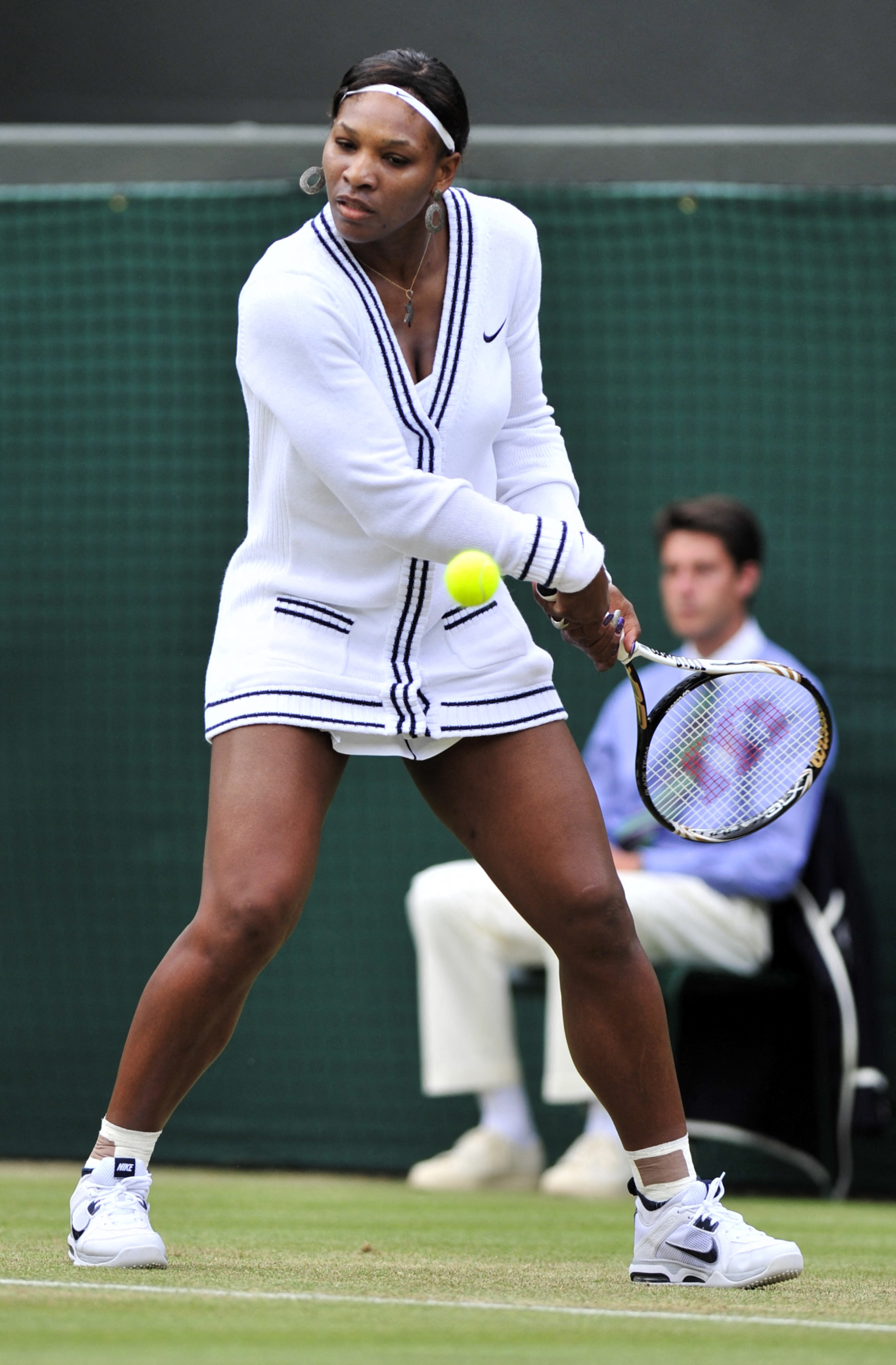 Serena Williams wearing a varsity sweater at Wimbledon.
