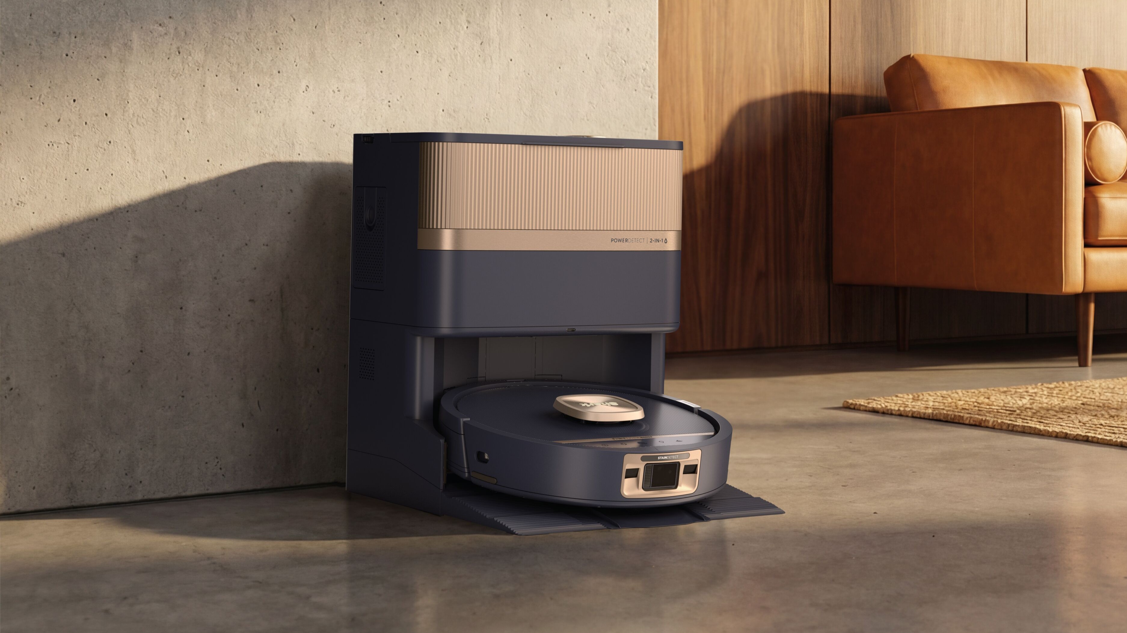 Shark PowerDetect UV Reveal 2-In-1 Vac &amp;amp; Mop in blue and copper, in dock in living room