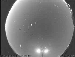 10 Perseid meteors are visible in this composite photo of meteors on Aug. 10, 2011.