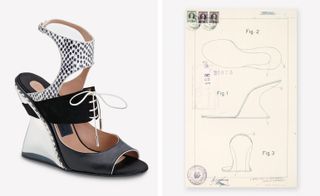 Left, S/S 2014 sandal in suede and nappa leather with plexiglas F-shaped wedge heel. Right, Salvatore Ferragamo, Patent no 26673, support shape for shoe sole, with central spur and support for the heel