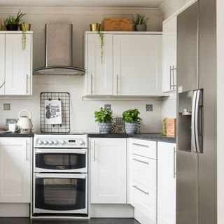 white kitchen with herbs on worktop and stainless steel fridge