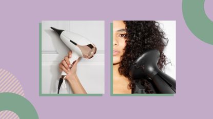 Collage of ghd Helios hairdryer and ghd diffuser attachment on purple background