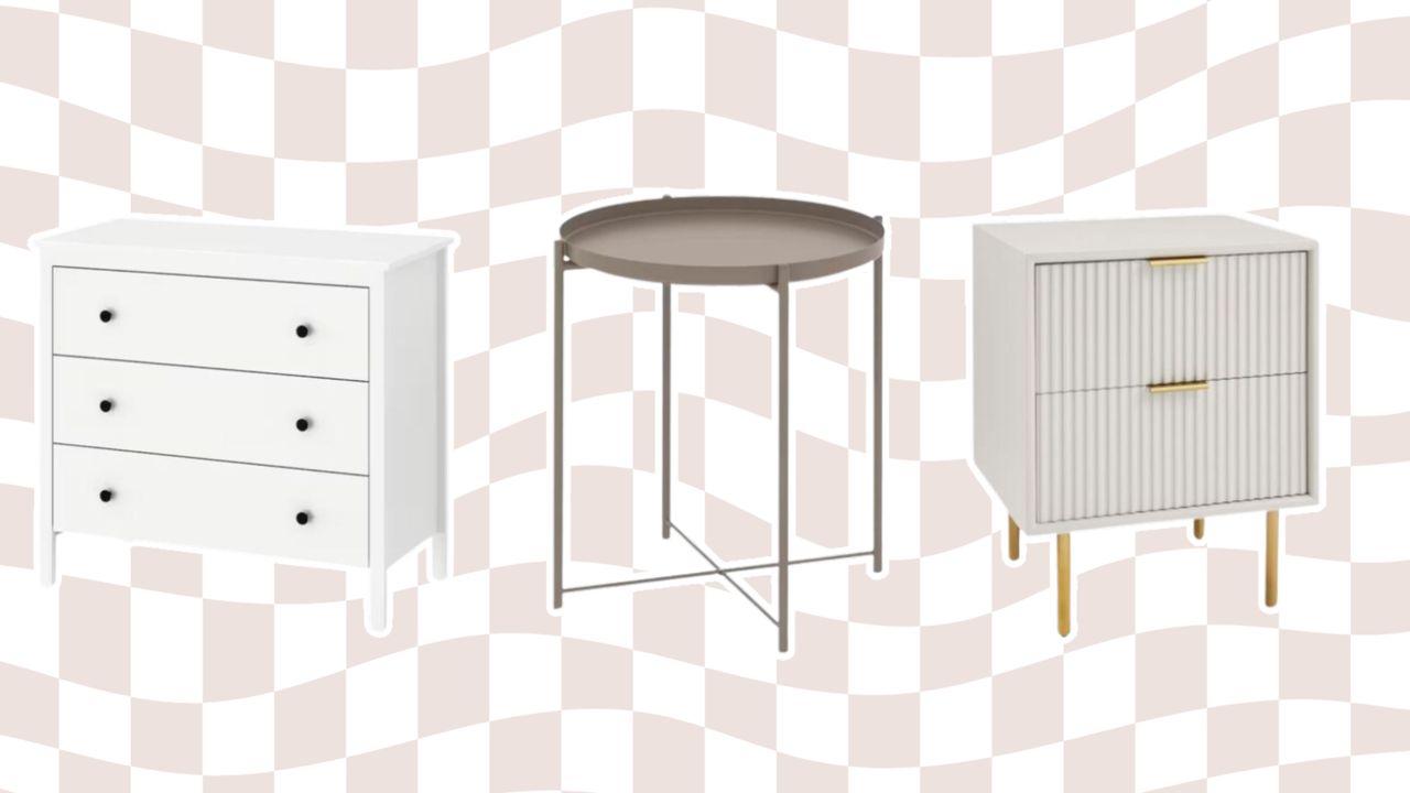 Dresser, table and side table on checkerbooard background