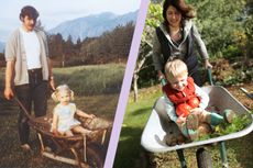 A collage of an old photo of a girl in a wheelbarrow being pushed by her dad, and a new photo of a boy in a wheelbarrow being pushed by his mum