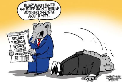 Political cartoon U.S. 2016 election Donald Trump lack of response to Hillary Clinton's health