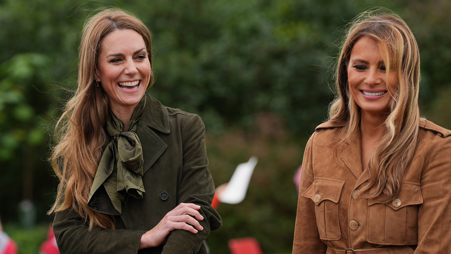 WINDSOR, ENGLAND - SEPTEMBER 18: U.S. First Lady Melania Trump (R) and Catherine, Princess of Wales (L) meet members of the Scouts' Squirrels programme as they tour the grounds of Frogmore Cottage, during the State visit by the President of the United States of America and U.S. First Lady Melania Trump, on September 18, 2025 in Windsor, England. (Photo by Yui Mok - WPA Pool/Getty Images)
