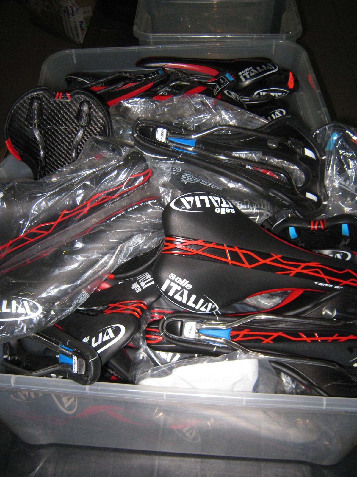 Boxes of Selle Italia saddles