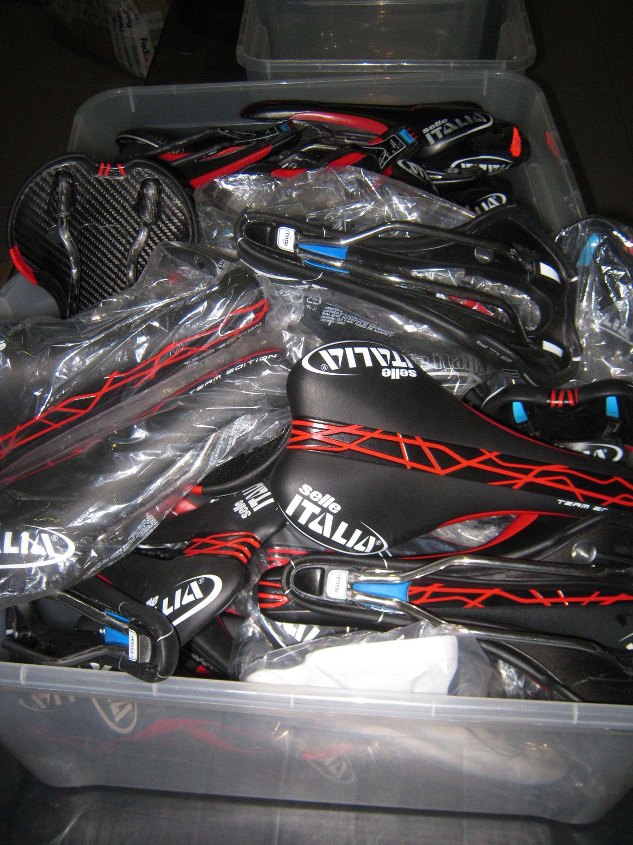 Boxes of Selle Italia saddles