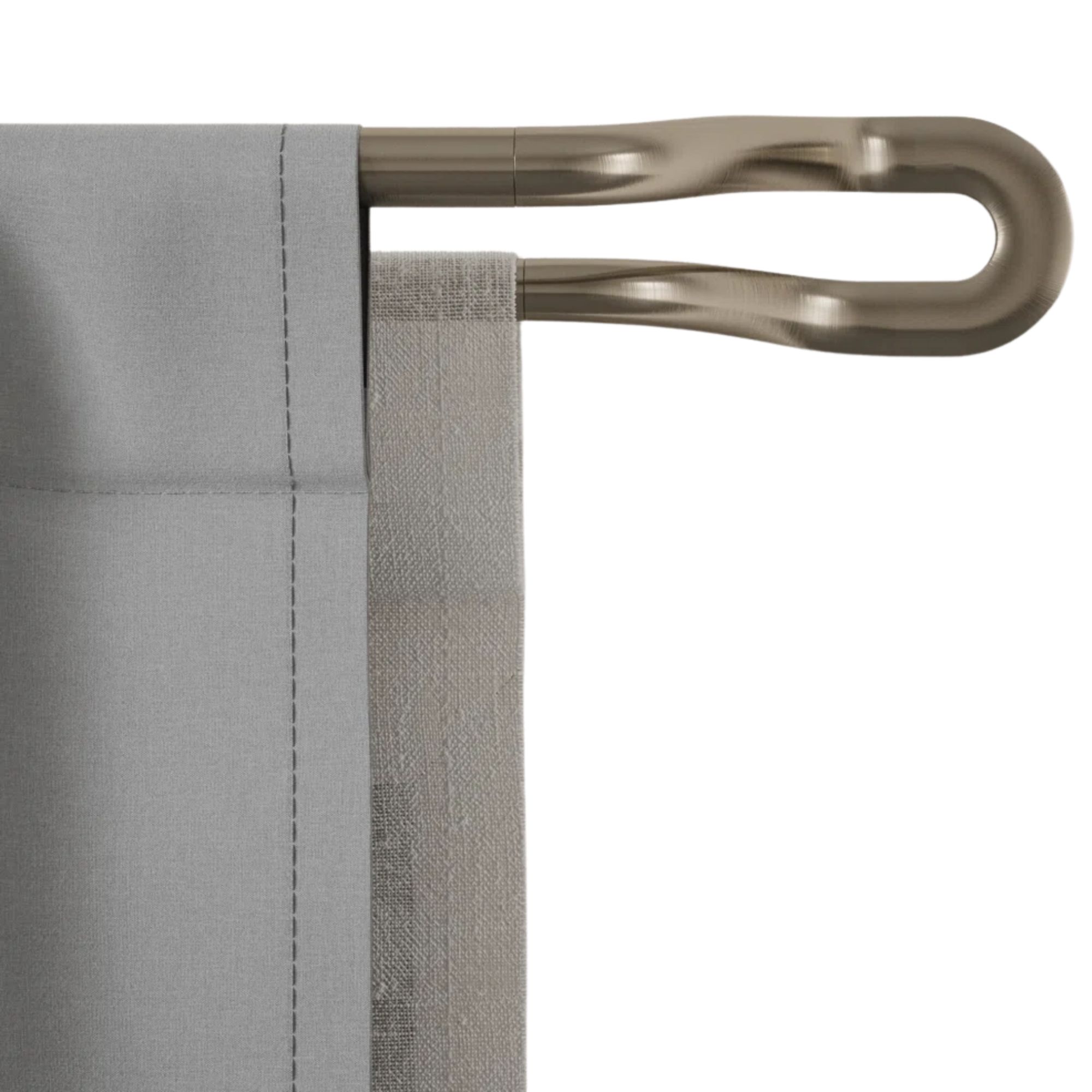 Bronze curtain rail with two layered grey curtains in different opacities