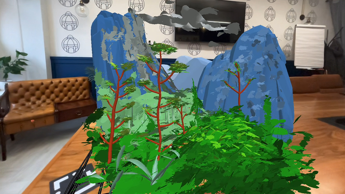 Open Brush AR app in Zapbox; trees painted in AR on a table
