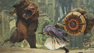Promotional screenshot of a Doshaguma facing off against a hammer-wielding hunter in Monster Hunter Wilds
