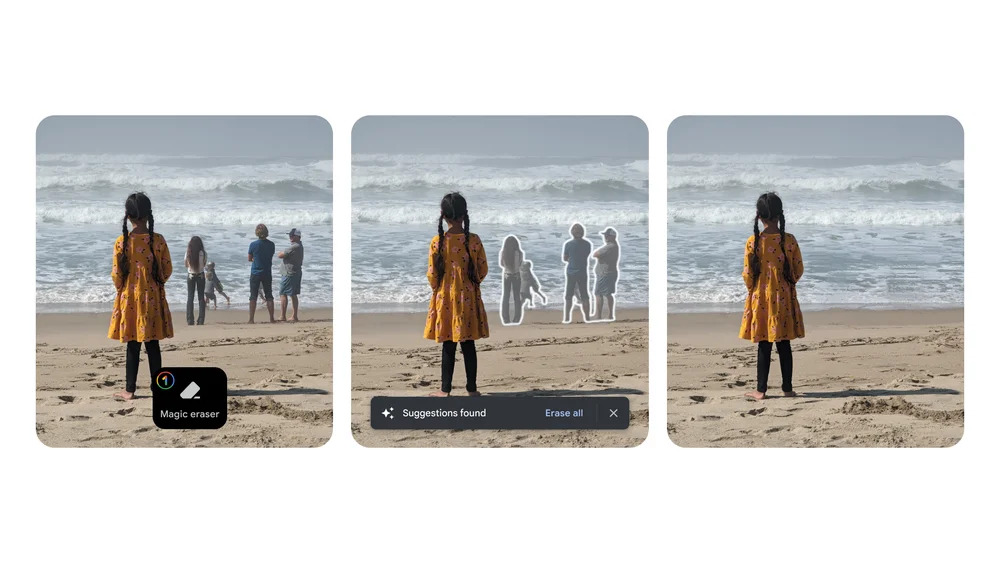 Demo of Magic Eraser removing people from a beach photo