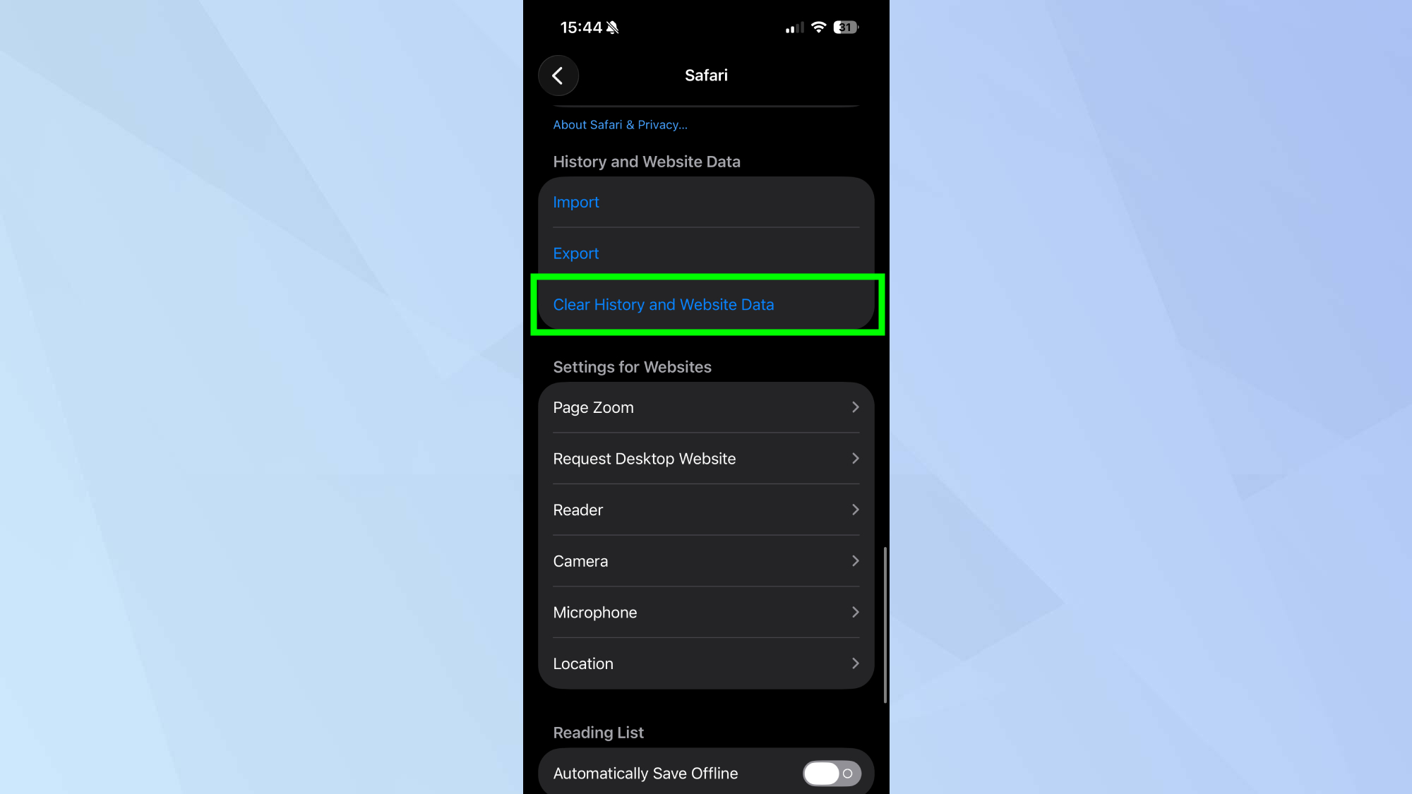 Clearing Safari cache 