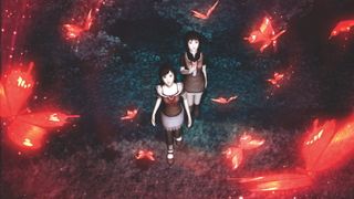 Fatal Frame screenshot of two women looking up at glowing red butterflies