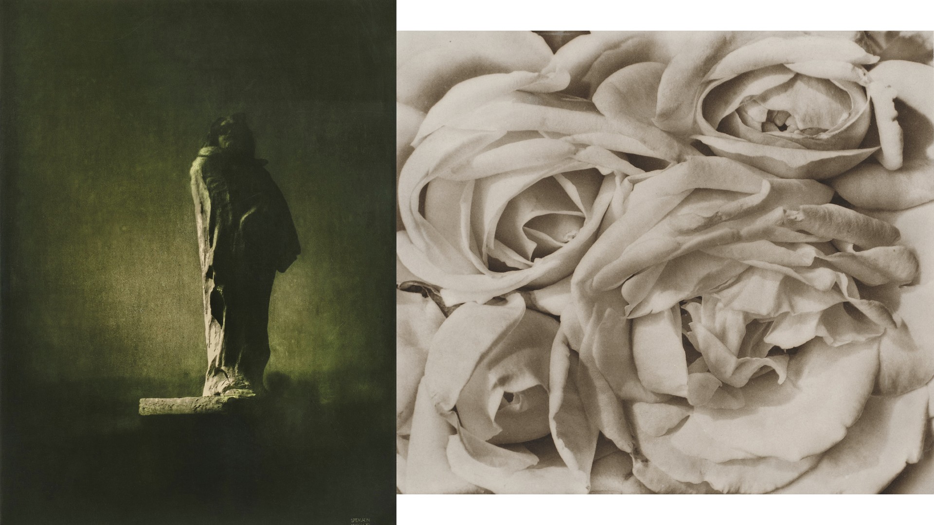 A side-by-side diptych featuring a dark, moody green-toned photograph of a standing statue of Balzac on the left and a high-contrast, sepia-toned close-up of rose petals on the right.