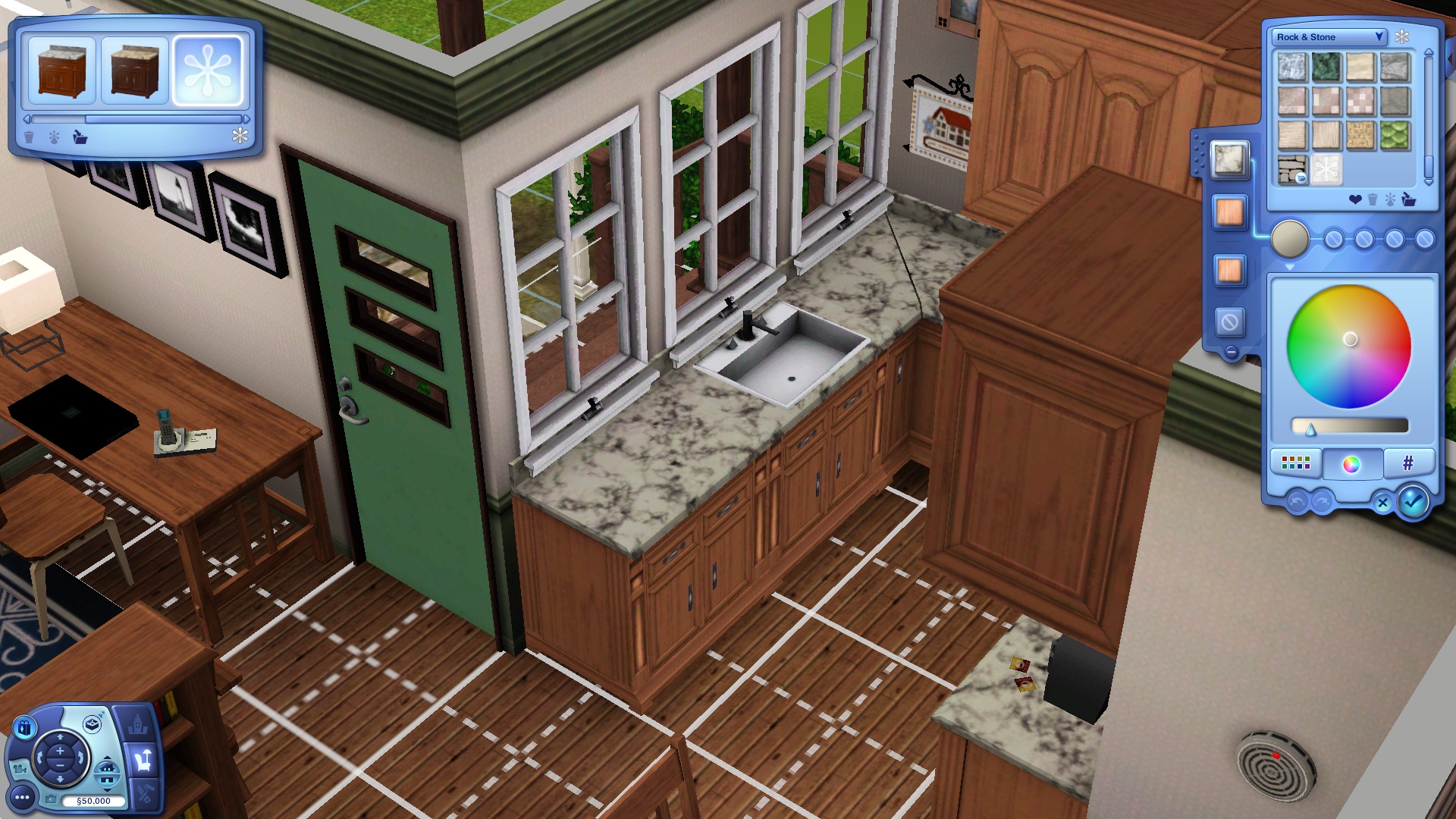 The Sims 3 - An open Create-A-Style panel showing swatches being chosen for a marble countertop.