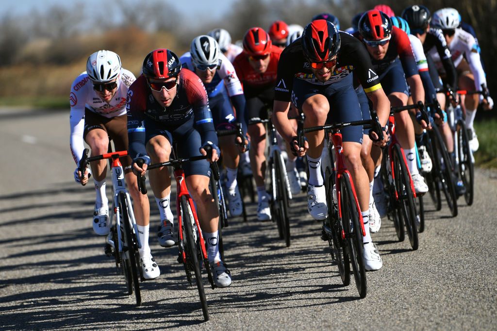 LES SAINTESMARIESDELAMER FRANCE FEBRUARY 11 LR Elia Viviani of Italy Filippo Ganna of Italy Black Leader Jersey and Team INEOS Grenadiers compete during the 6th Tour De La Provence 2022 Stage 1 a 1593km stage from Istres to Les SaintesMariesdelaMer TDLP22 on February 11 2022 in Les SaintesMariesdelaMer France Photo by Luc ClaessenGetty Images