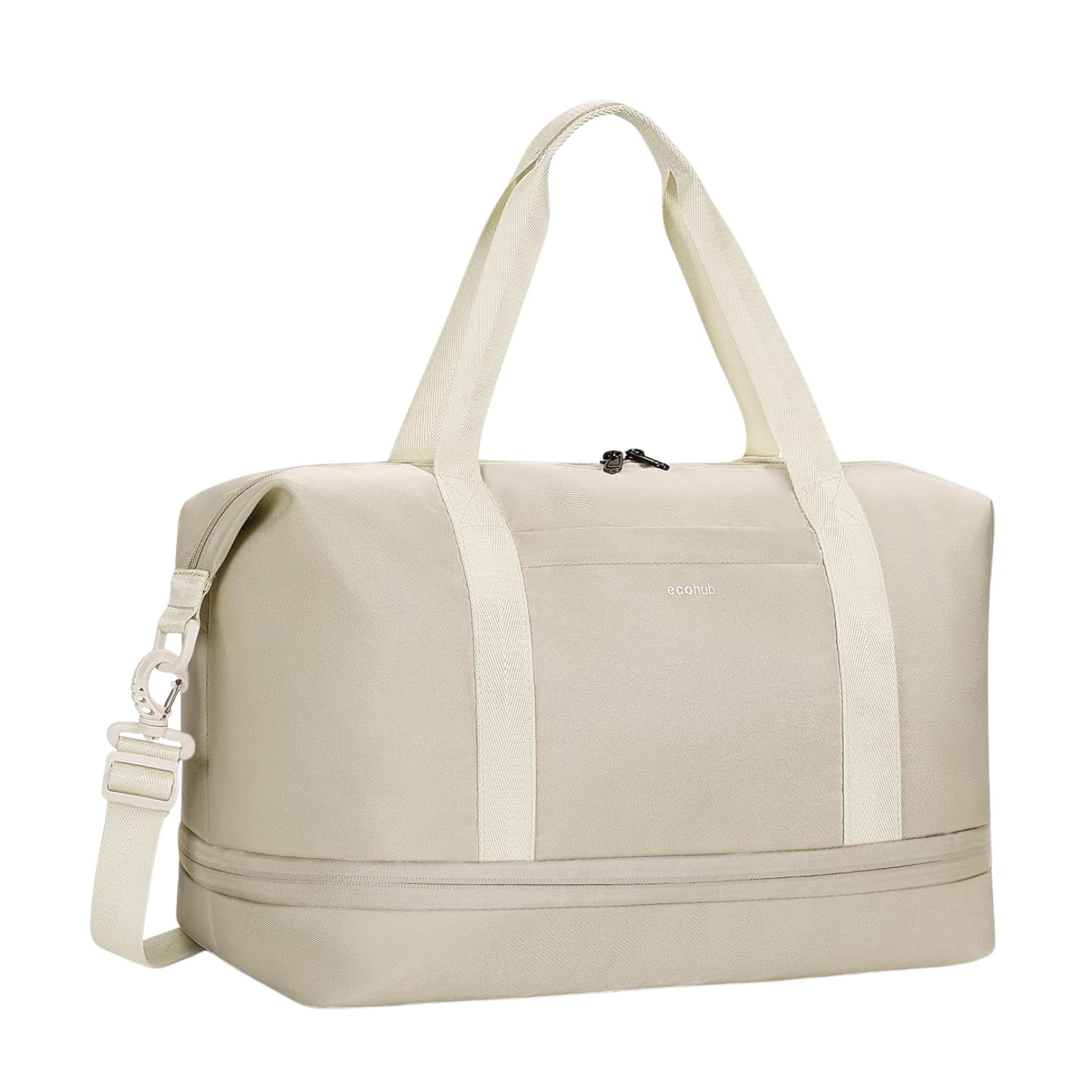 A beige carry-on duffel bag