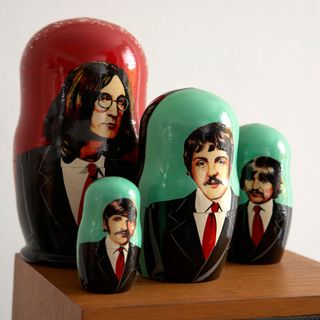 room with beatles themed russian dolls