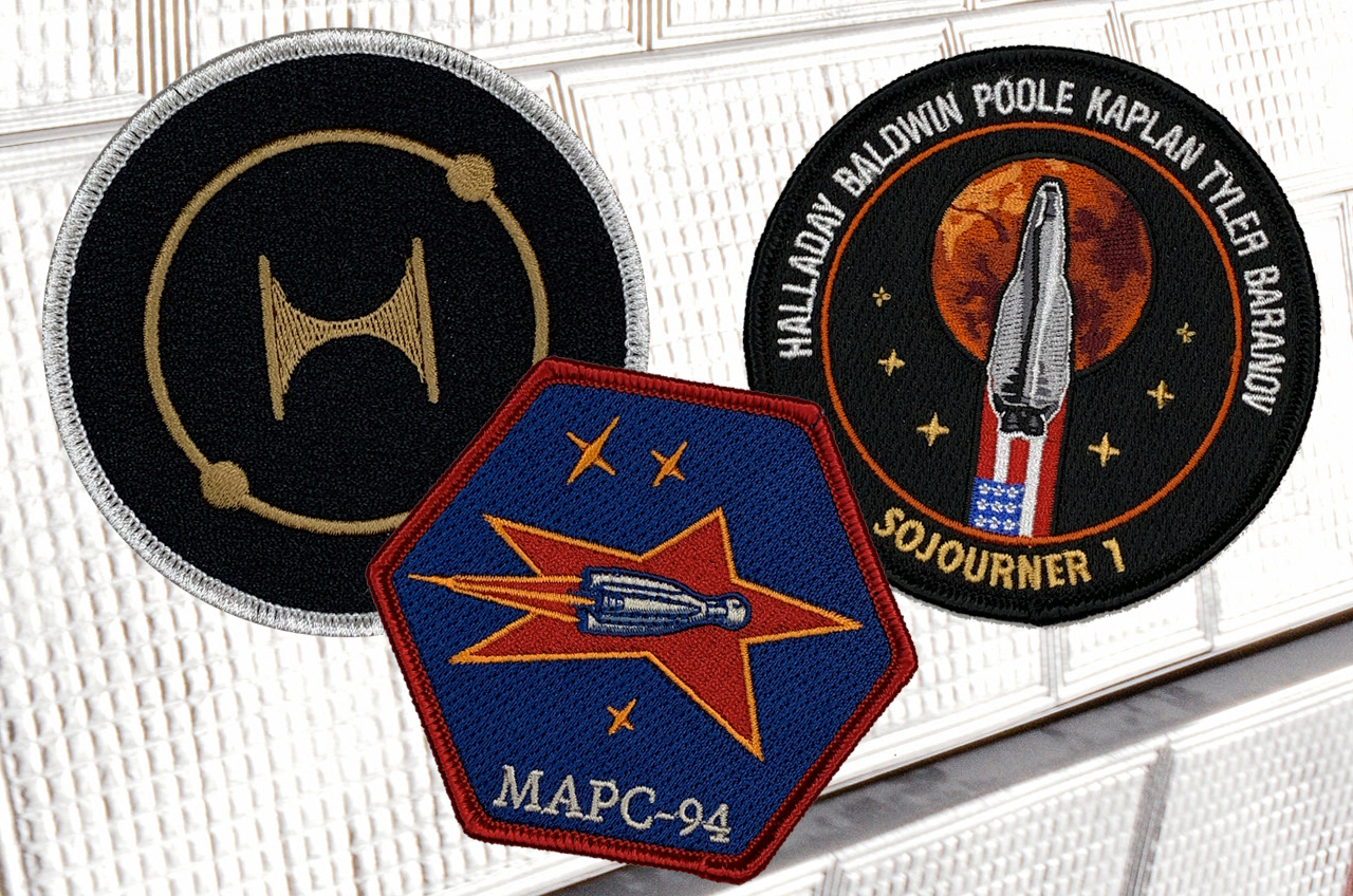 The mission patches for the three-way race to the Red Planet from the third season of 