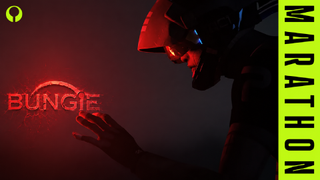 Marathon soldier reaches toward a cracked red Bungie logo on a dark background.