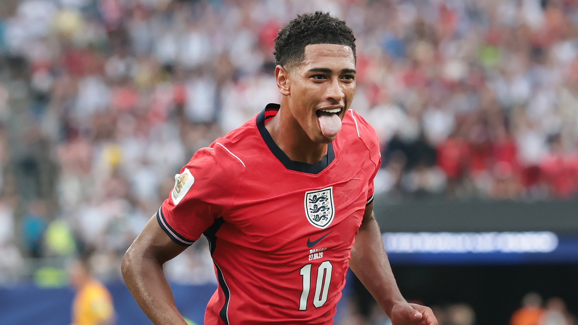 EAST RUTHERFORD, NEW JERSEY - JUNE 27: Jude Bellingham of England celebrates after he scores the opening goal during the FIFA World Cup 2026 Group L match between Panama and England at New York New Jersey Stadium on June 27, 2026 in East Rutherford, New Jersey. (Photo by Ian MacNicol/Getty Images)