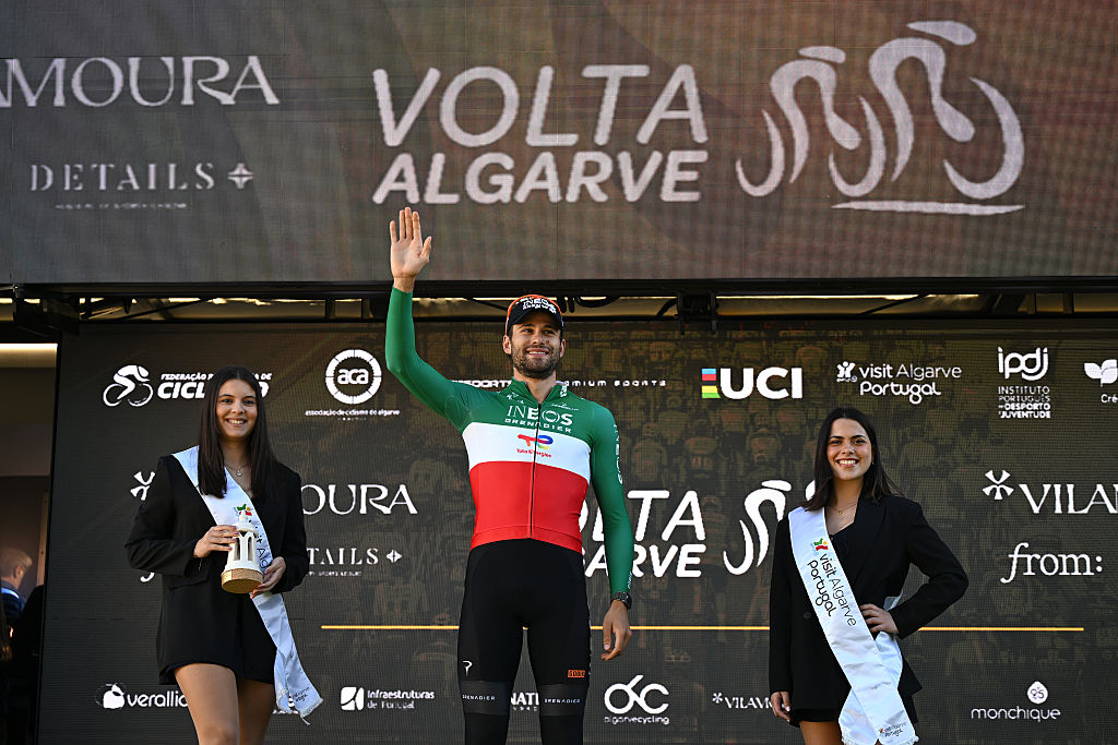 VILLAMOURA, PORTUGAL - FEBRUARY 20: Filippo Ganna of Italy and Team INEOS Grenadiers celebrates at podium as stage winner during the 52nd Volta ao Algarve em Bicicleta 2026, Stage 3 a 19.5km individual time trial stage from Vilamoura to Vilamoura on February 20, 2026 in Vilamoura, Portugal. (Photo by Dario Belingheri/Getty Images)