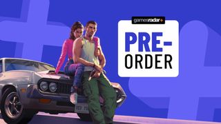 GTA 6 key art on a blue background with pre-order badge