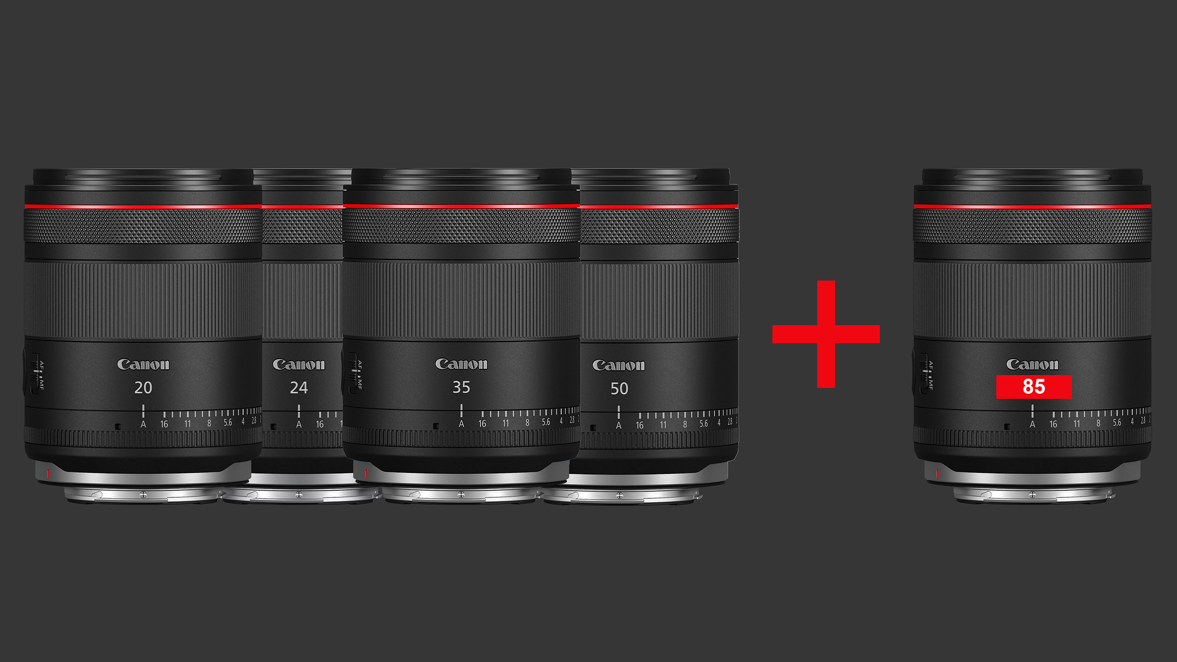 A lineup of Canon camera lenses: 20mm, 24mm, 35mm, 50mm, and 85mm, displayed against a dark background with red accents