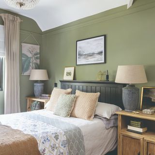 A green-painted bedroom