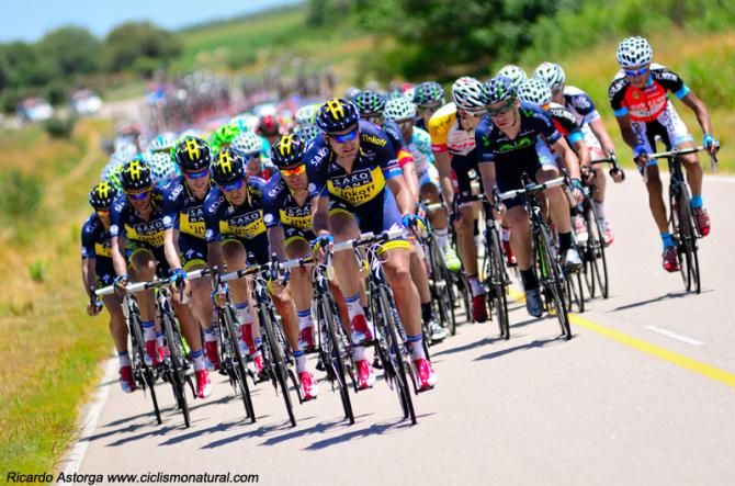 Team Saxo-Tinkoff riders control the peloton.