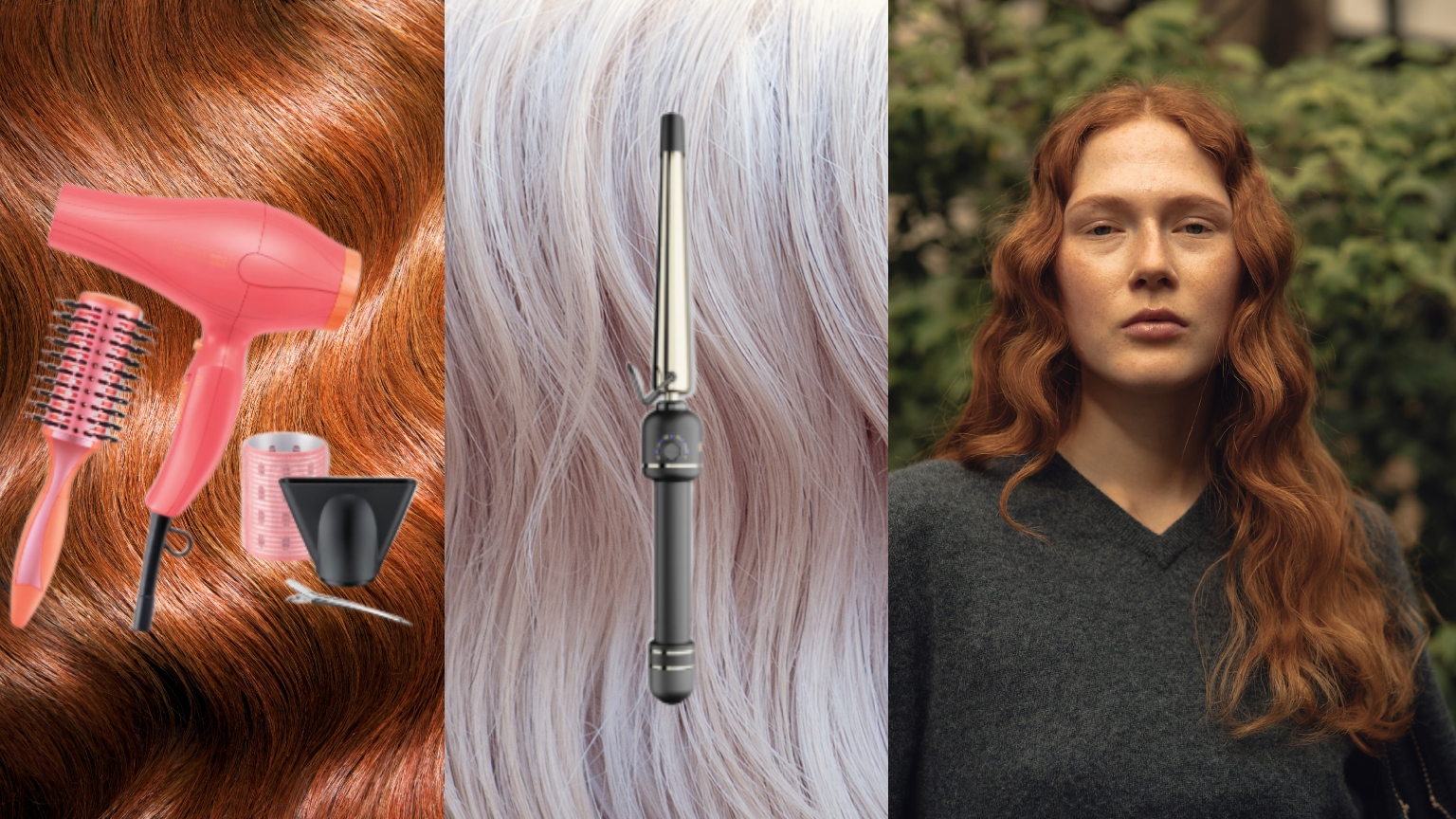 a woman with wavy red hair in a green sweater next to a close up of silver and red hair with hair tools on top
