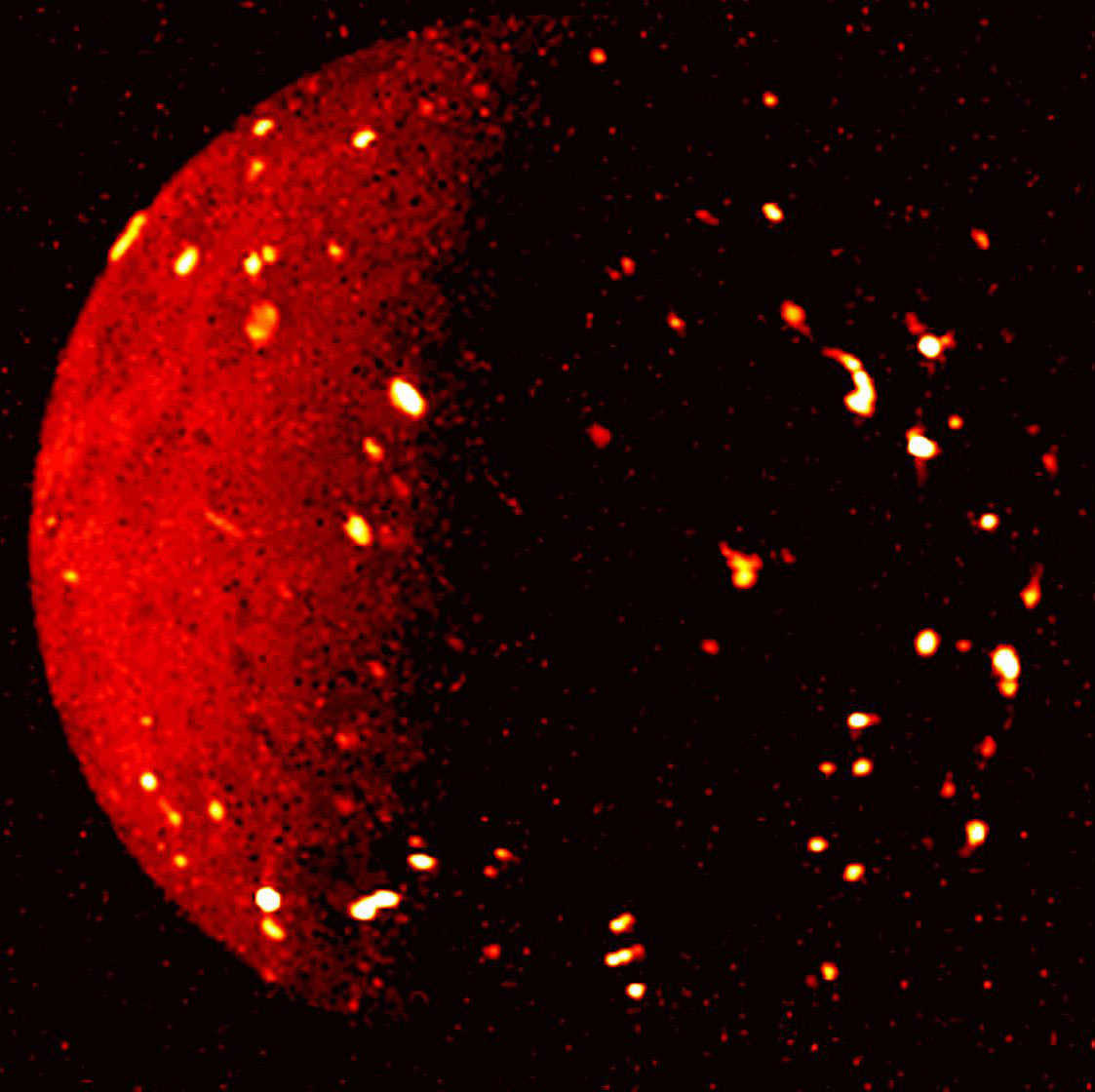 Io as seen by Juno's JIRAM instruments shows volcanic hotspots across the fiery moon
