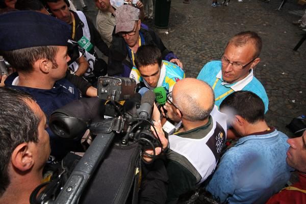 Defending Tour champ Alberto Contador is interviewed after the stage.