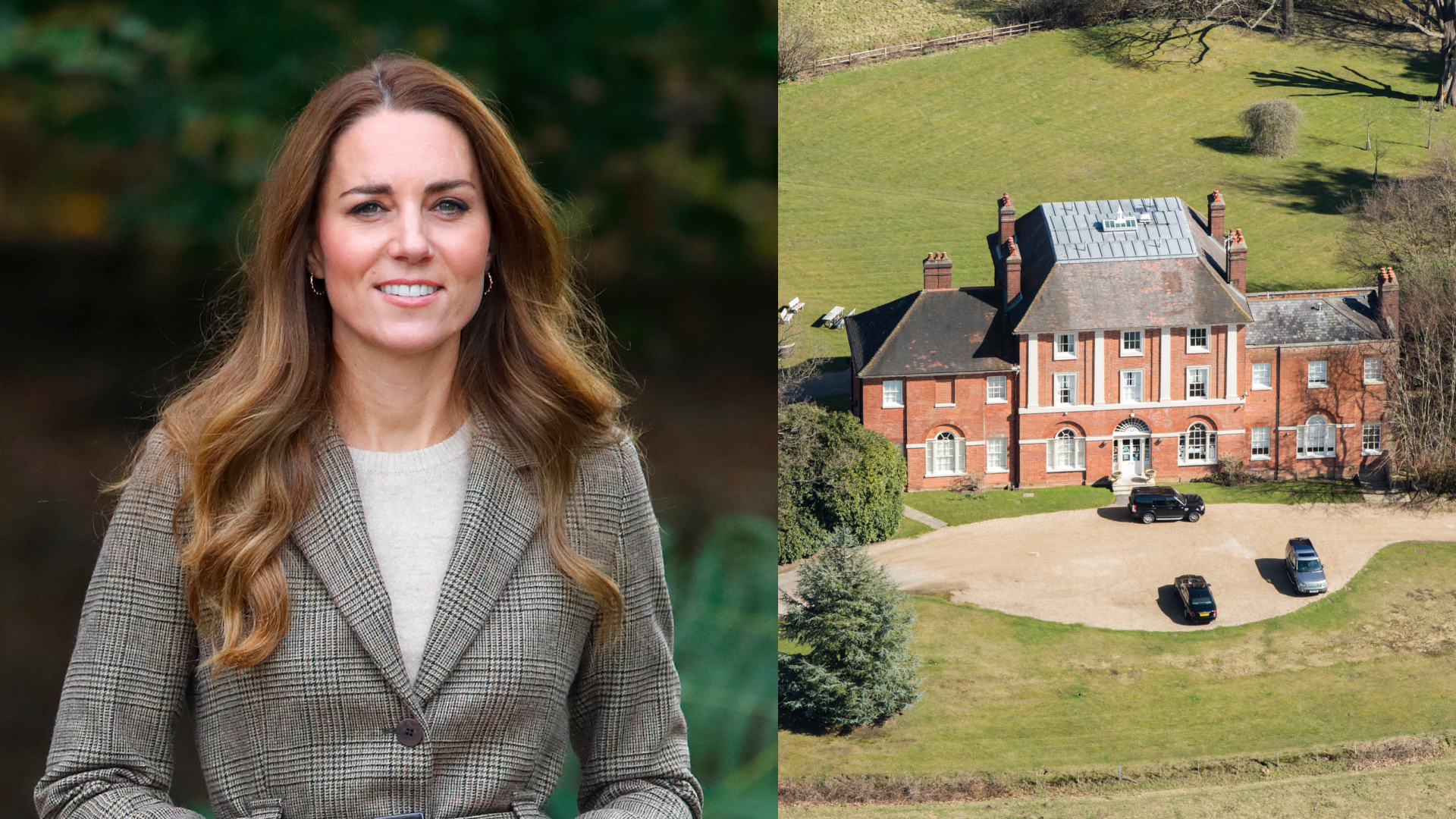 A photograph of the Princess of Wales next to an aerial shot of Forest Lodge, her new home.