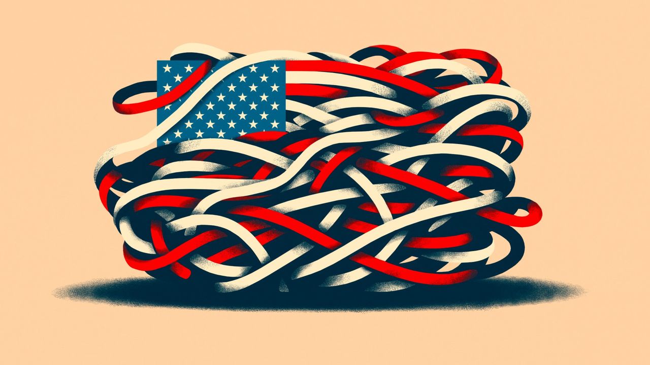 Illustration of an intricately tangled rendering of the American flag. 