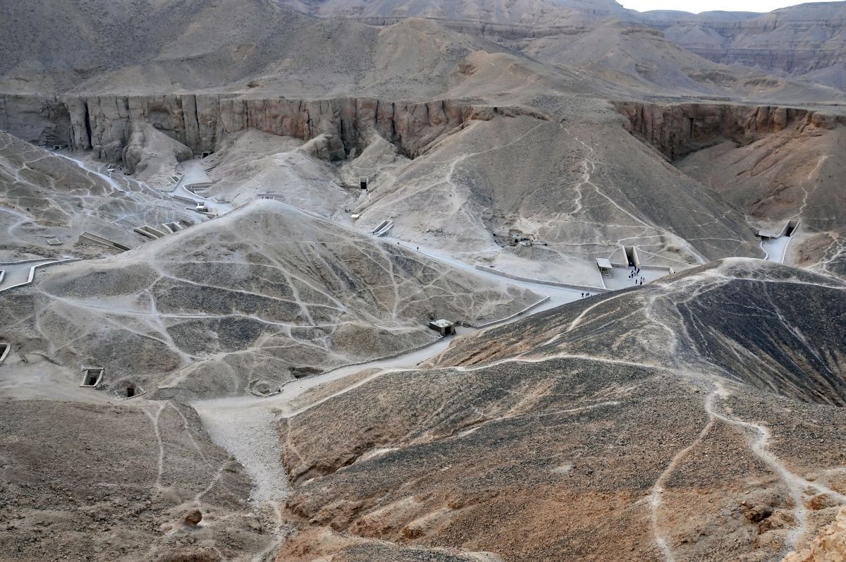 The Valley of the Kings showing tomb entrances at Thebes in Egypt.