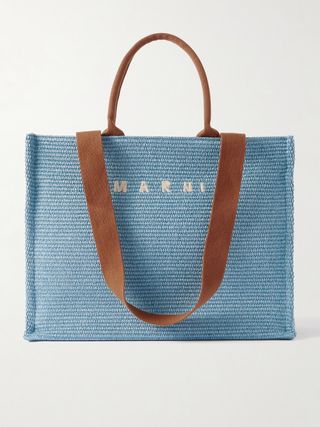 Basket Large Canvas-Trimmed Embroidered Faux Raffia Tote