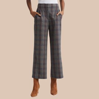 flat lay image of plaid trousers