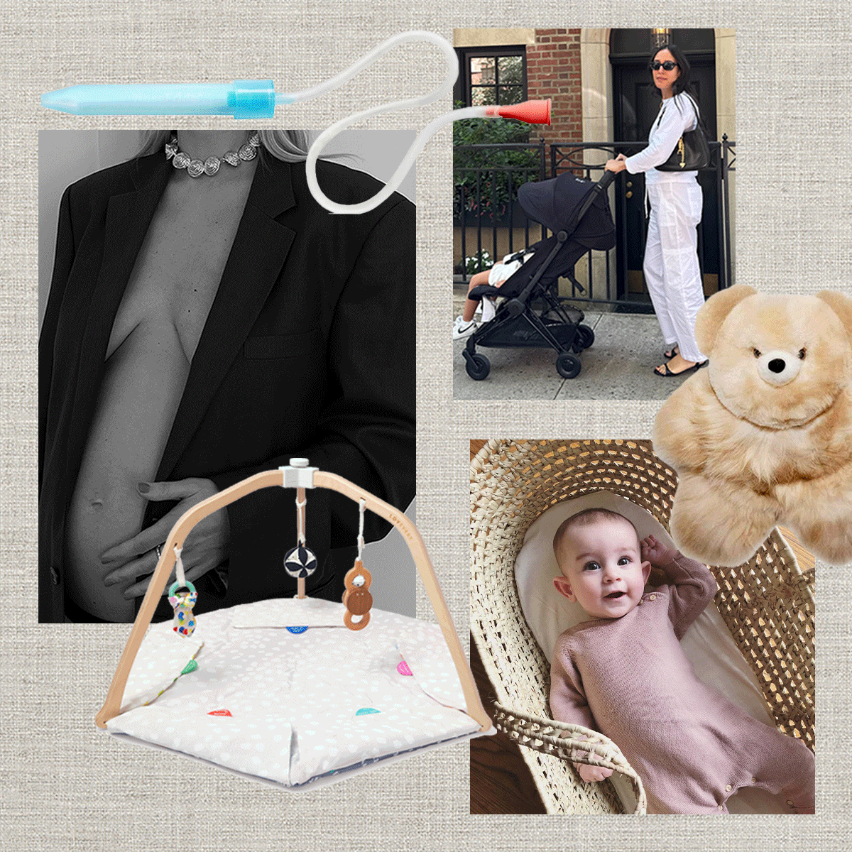 collage of stylish baby registry essentials for 2025 like a Lovevery play set, moses basket, alpaca stuffie bear, and Frida nose sucker, as well as a photo of a pregnant Linda Tol and fashion editor Nicole Akhtarzad Eshaghpour pushing a Cybex stroller