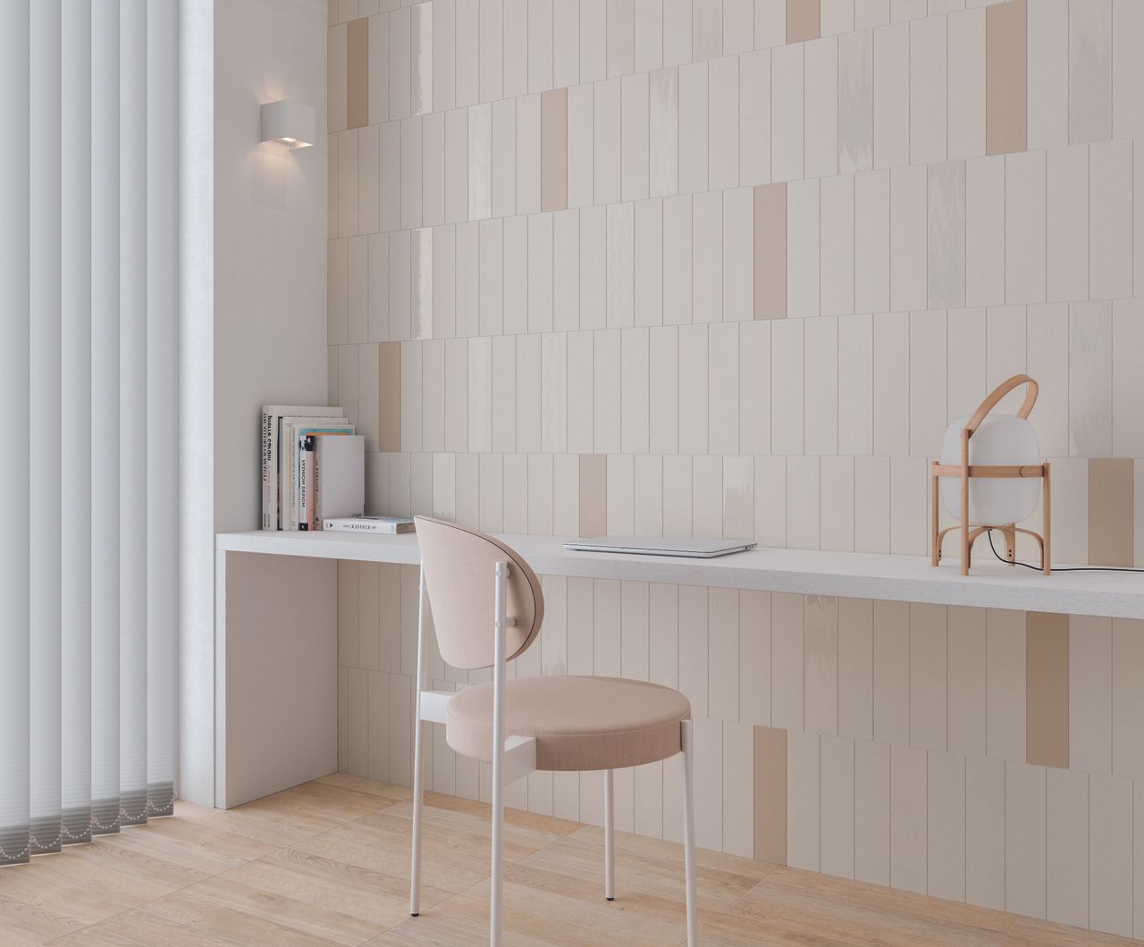 A home office with white and pink mixed gloss and matte tiles on the wall