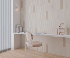 A home office with white and pink mixed gloss and matte tiles on the wall