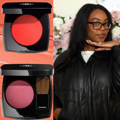 A picture of a woman with long black hair wearing a black leather jacket next to a picture of two open chanel blush compact. The compacts are in front of an orange lipstick swatch background.