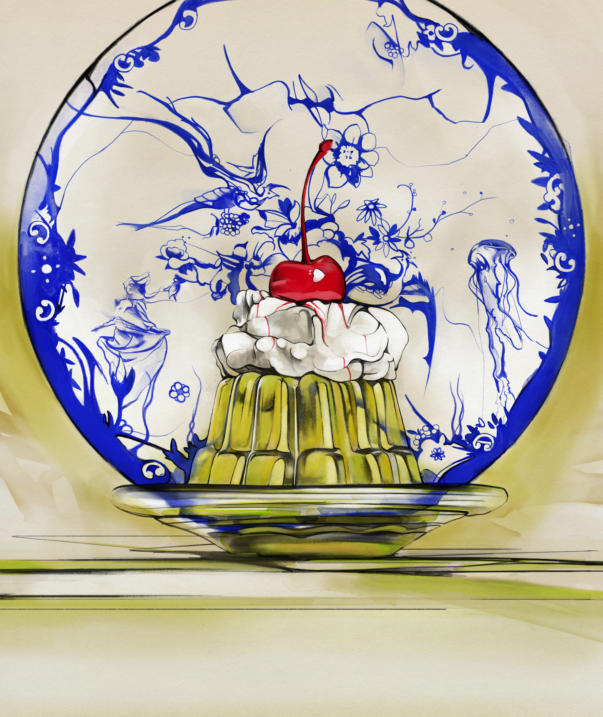 digital illustration of a jelly with a cherry on top next to a plate