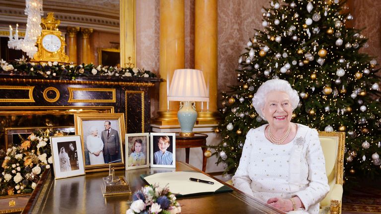 london, united kingdom in this undated image supplied by sky news, queen elizabeth ii sits at a desk in the 1844 room at buckingham palace, after recording her christmas day broadcast to the commonwealth at buckingham palace, london photo by john stillwell wpa pool getty images